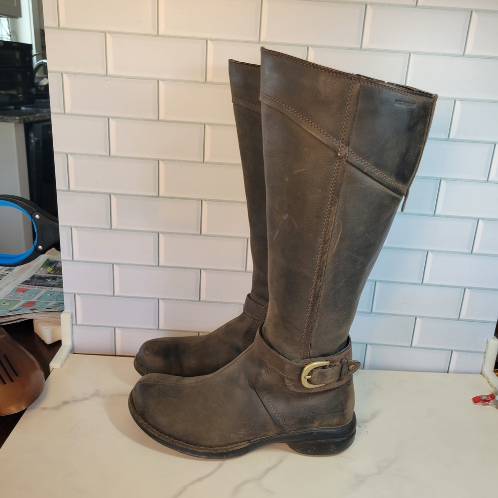Merrell Women 7 Riding Boots Espresso Brown Waterproof Leather Buckle Zip Calf